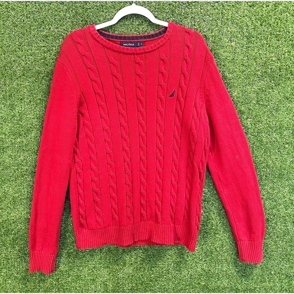 Nautica Mens Medium Red Cable Knit Crew Neck Pullover Sweater Long Sleeve Cotton